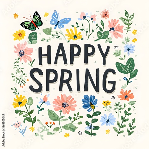 Spring Typography Greeting with Flowers and Butterflies