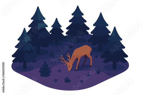 Isometric deer in a twilight forest clearing. Flat vector illustration of a wild buck with antlers grazing among pine trees at night. Wildlife nature scene concept.