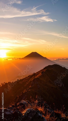Sunrise over Majestic Peaks: Witness the breathtaking majesty of a mountain range as the sun ascends, painting the sky with hues of gold and orange, a tranquil scene of natural beauty and wonder.