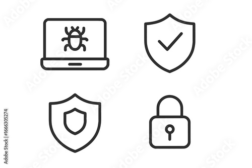 Cyber security line icon set. Concepts of data protection, antivirus, safety, and privacy. Symbols for malware, bug, secure network, firewall, shield, and padlock.