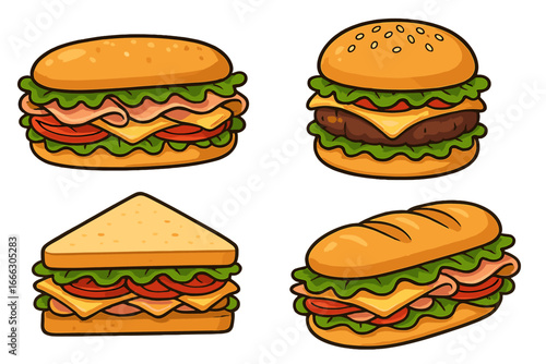 Cartoon vector set of fast food meals. Delicious sandwich, hamburger, sub, and cheeseburger icons. Isolated collection for restaurant menu, takeaway graphic or snack design.