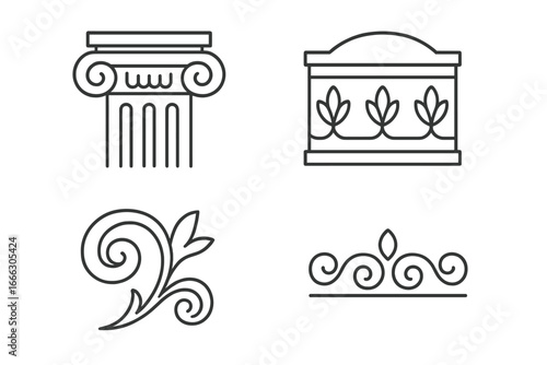 Vintage decorative elements outline icon set. Includes classical Greek Roman column capital, antique architectural frieze, and floral scrollwork border. Ornament symbols vector.