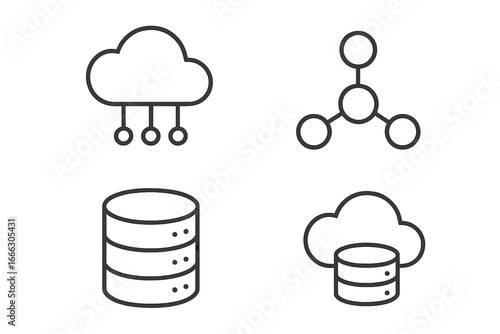 Data and cloud computing line icons. Outline network, database, storage, and server symbols. Vector icon set for web technology, hosting, system connection, and digital concepts.