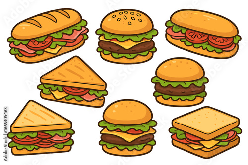 Set of delicious sandwiches and burgers. Vector cartoon illustration collection. Fast food icons including hamburger, cheeseburger, club sandwich, and submarine sandwich meal.