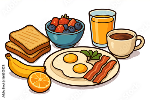 Vector cartoon breakfast set. Classic American breakfast with fried eggs, bacon, toast, coffee, and orange juice. Healthy nutritious meal with fresh fruits and berries.