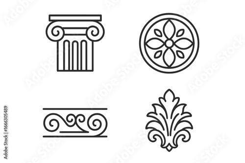 Architectural decorative elements outline icons set. Greek roman classic ornaments. Ionic column, acanthus leaf, rosette, frieze scroll. Vector logo symbols illustration.