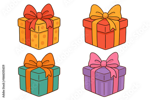 Set of colorful gift boxes with bows. Vector cartoon illustration of presents for birthday, Christmas, or anniversary. Holiday surprise package icons for celebration design.