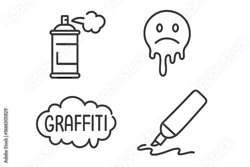 Graffiti and street art outline icons set. Vector collection of urban culture symbols: spray can, marker pen, tag, and melting sad face. Linear sketch illustration.