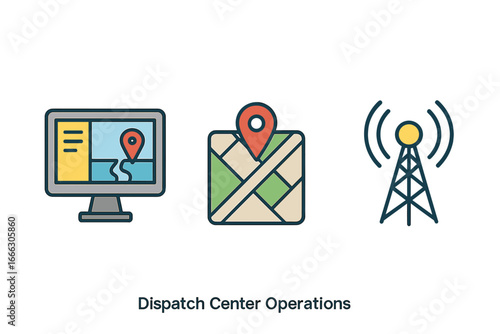 Dispatch center icon set for logistics and transportation control. Computer screen with GPS map, navigation pin and radio tower. Vector icons for communication operations.
