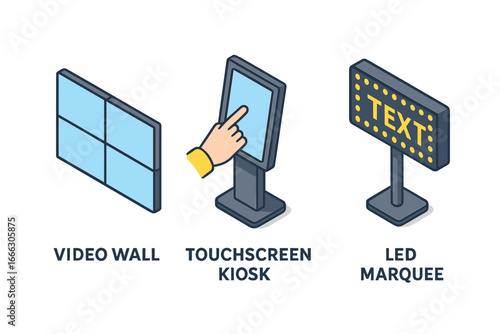 Isometric digital signage icon set with video wall, interactive touchscreen kiosk, and LED marquee. Vector illustration of modern advertising and information display solutions.