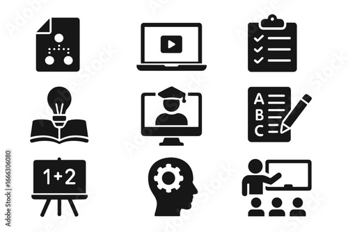 Educational icons set. Solid glyphs for e-learning, online courses, and instructional design. Symbols for webinar, quiz, study, knowledge, project plan, and teaching.