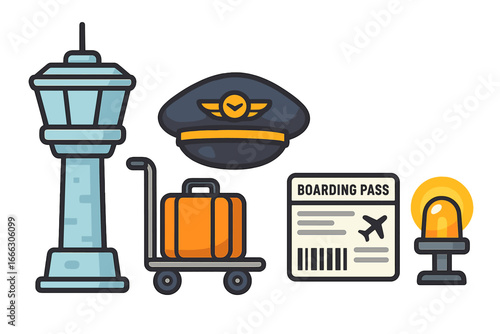 Air travel icon set with airport control tower, pilot hat, and luggage cart. Vector collection of aviation symbols for flight and vacation concepts. Boarding pass and beacon light.
