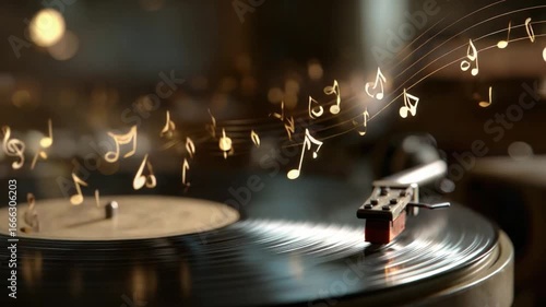 Harmony in Vinyl: A close-up captures the enchanting dance of sound emanating from a vintage vinyl record player, musical notes float into the air, filling the space with melody and rhythm. 