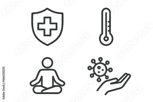 Healthcare and safety outline icons set. Medical protection shield, fever thermometer, yoga meditation for wellness, virus infection symbol. Health care vector graphic.