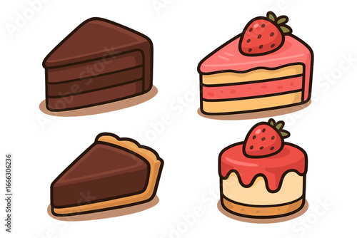Vector cake slice dessert set. Chocolate cake, strawberry shortcake, cheesecake, pie icons. Cartoon sweet food pastry illustration. Bakery, cafe menu graphic elements.