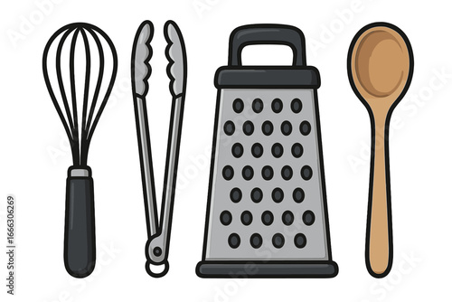 Essential kitchen utensils set for cooking and baking. Vector cartoon illustration of whisk, tongs, grater, and spoon. Flat design kitchenware icons for food preparation.