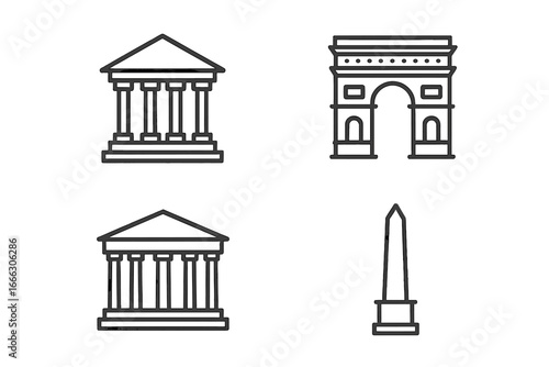 Historical architecture outline icons. Greek roman temple, triumphal arch, obelisk monument. Law, government, finance, museum building symbols. Linear pictogram set vector.
