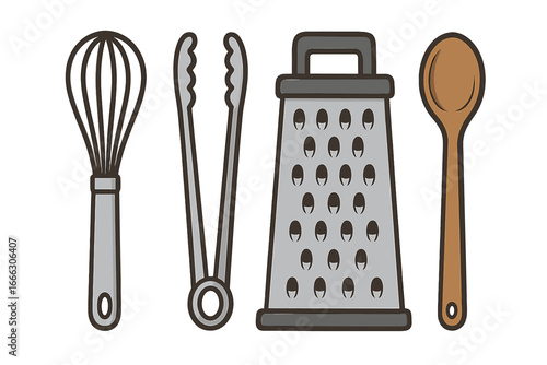 Set of essential kitchen utensils. Whisk, tongs, grater, and spoon icons. Vector cartoon illustration for cooking and baking. Culinary equipment and kitchenware concept.