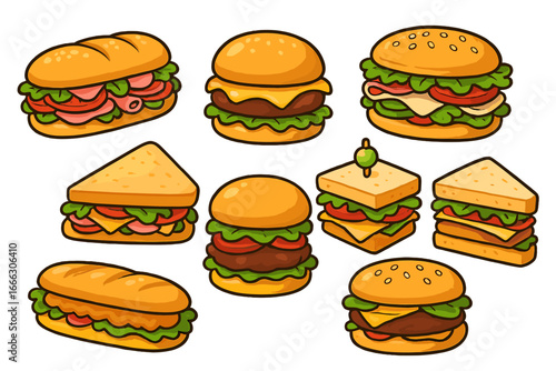 Delicious variety of sandwiches and burgers vector illustration set. Fast food cartoon icons. Hamburger, cheeseburger, sub, club sandwich for menu design. Meal or snack collection.