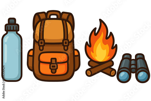 Essential outdoor gear set for hiking and camping adventures. Includes backpack, water bottle, campfire, binoculars. Vector icons for travel, tourism, survival, and exploration.