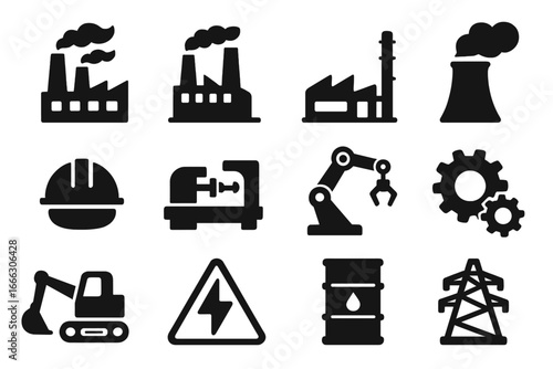 Industrial vector icon set. Solid glyphs for manufacturing, factory, and production. Concepts of energy, power plant, construction, heavy machinery, and automation technology.