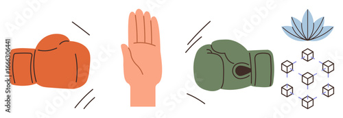 Boxing gloves clashing with an open hand representing resolution, surrounded by cubes and a lotus flower symbolizing harmony, peace, and mediation. Ideal for conflict resolution, communication