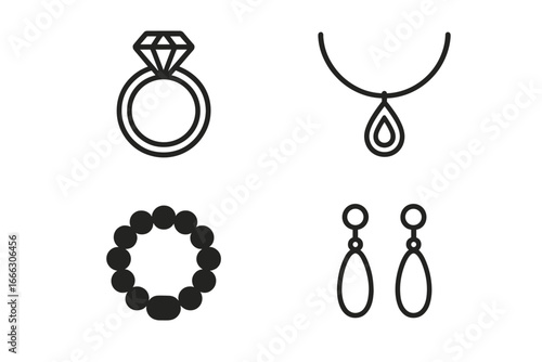 Fashion jewelry outline icons set. Engagement ring, beaded bracelet, necklace with pendant, dangle earrings. Minimalist linear vector symbols, black silhouette style. Modern fashion accessories design