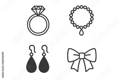 Jewelry & accessories icon pack. Linear outline & silhouette style. Fashion elements vector set. Diamond engagement ring, pearl necklace, earrings & bow. Design symbols.