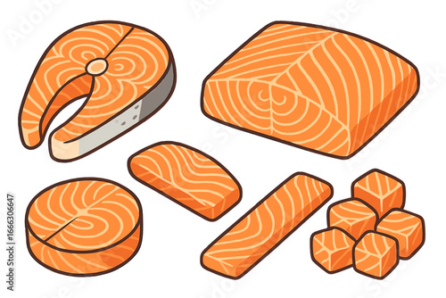 Different cuts of salmon vector illustration. Set of fresh raw fish fillet, steak, and diced cubes for cooking. Healthy seafood ingredient for gourmet and diet concepts.