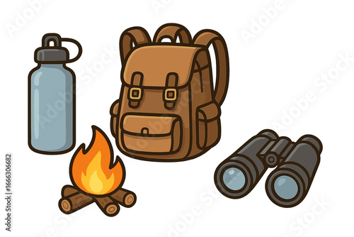 Camping and hiking equipment icon set. Essential outdoor adventure gear including backpack, binoculars, water bottle, and campfire. Vector cartoon survival and exploration items.