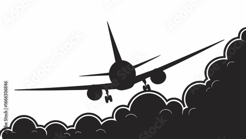 Silhouette of an airplane flying over clouds with landing gear visible against a white background scene |  editable eps vectors