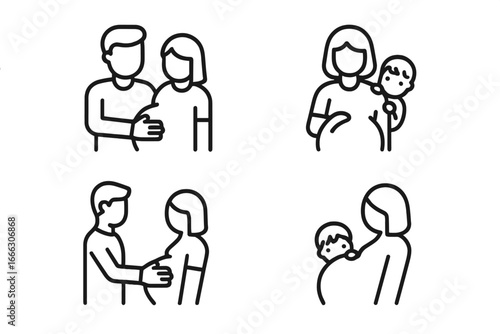 Family involvement outline icon set. Pregnancy, maternity, paternity concepts. Father touching pregnant belly, sibling peeking over bump. Expecting couple, family support.