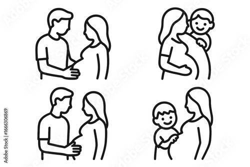 Family involvement pregnancy icon set. Expecting couple with father's hand on belly. Sibling waiting for new baby. Maternity and paternity concept vector illustrations.