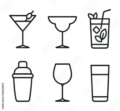 Stylish cocktail and drink glass icons featuring martini margarita and more