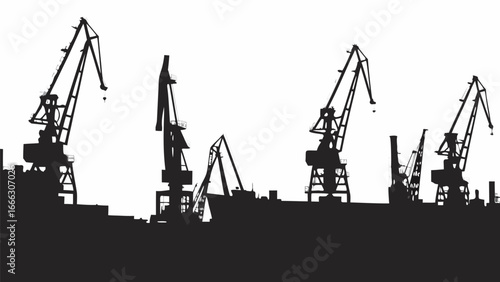 Silhouette of several cranes at a port with a ship and industrial buildings in the background against white sky |  editable eps vectors