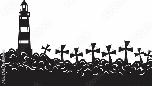 Silhouette of lighthouse on waves with crosses in the water in black and white illustration design |  editable eps vectors