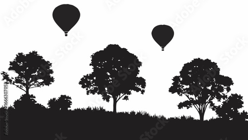 Silhouette landscape with trees and grass and two hot air balloons floating in the sky in black and white |  editable eps vectors