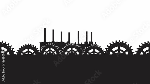 Silhouette of gears and industrial structures against a white background creating a mechanical scene |  editable eps vectors