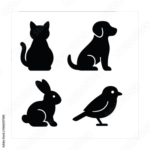 Silhouette icons of cat, dog, rabbit, and bird in black and white design