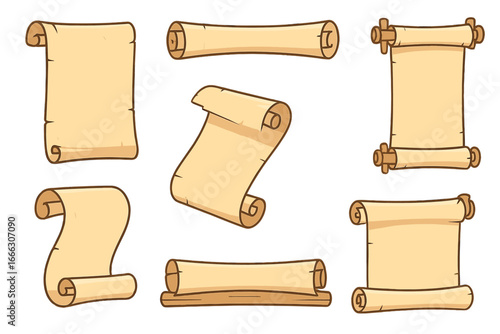 Set of old parchment scrolls and ancient paper manuscripts. Vector cartoon illustration of vintage rolled documents for history, fantasy, or educational themes. Blank papyrus collection.