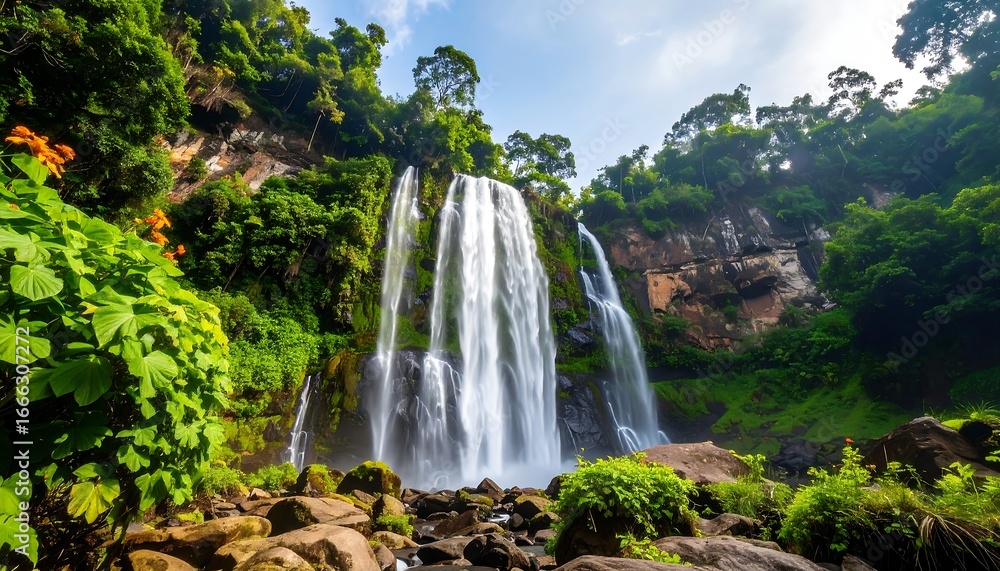 Naklejka premium A majestic waterfall cascades down a rocky cliff face, surrounded by lush, vibrant greenery.