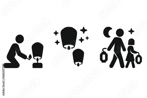 Lantern festival solid icon set. Man lighting and releasing paper sky lanterns. Family walking with traditional lights at night. Asian cultural celebration pictogram. Glyph.