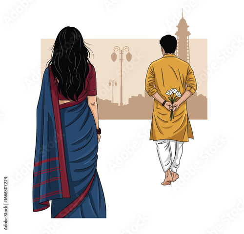  South Asian Couple's Romantic Date in the City, Man Hiding Flowers