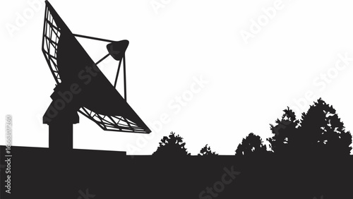 Silhouette of a satellite dish antenna against a clear sky with trees in the background landscape view |  editable eps vectors