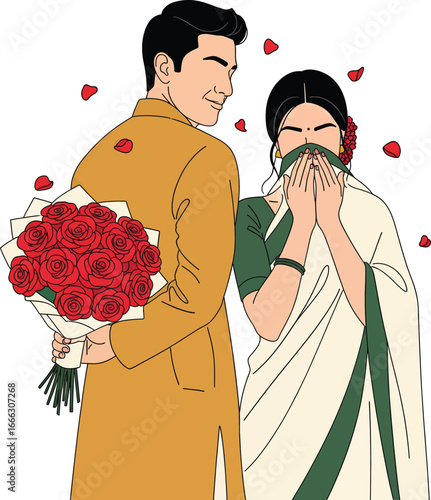 Romantic Indian Couple with Man Surprising Woman with Roses