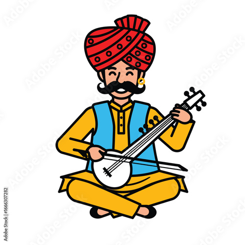 Cartoon of an Indian Musician in a Turban Playing a Sarangi