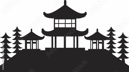 Silhouette of a traditional asian pagoda with trees on either side against a white background scene landscape |  editable eps vectors