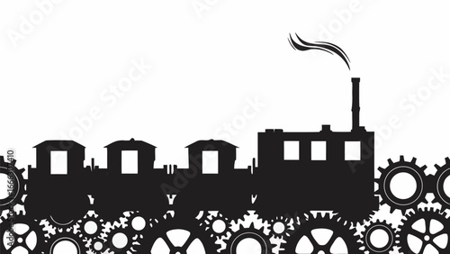 Silhouette of a steam train with multiple train cars and gears on a white background with smoke rising up |  editable eps vectors