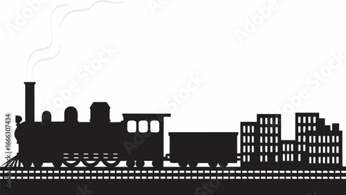Silhouette of a steam train with smoke billowing and a city skyline in the background on train tracks |  editable eps vectors