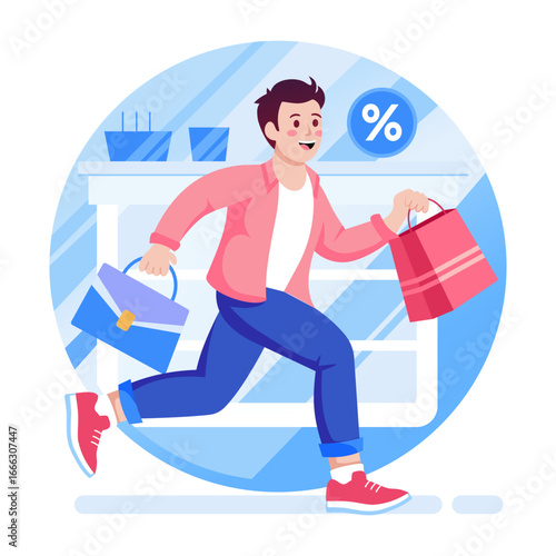 A flat style illustration showing a person running to shopping sale